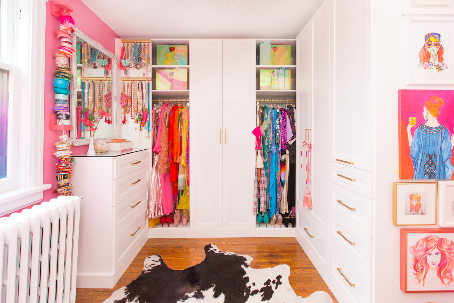 Pink and colourful closet with open wardrobes