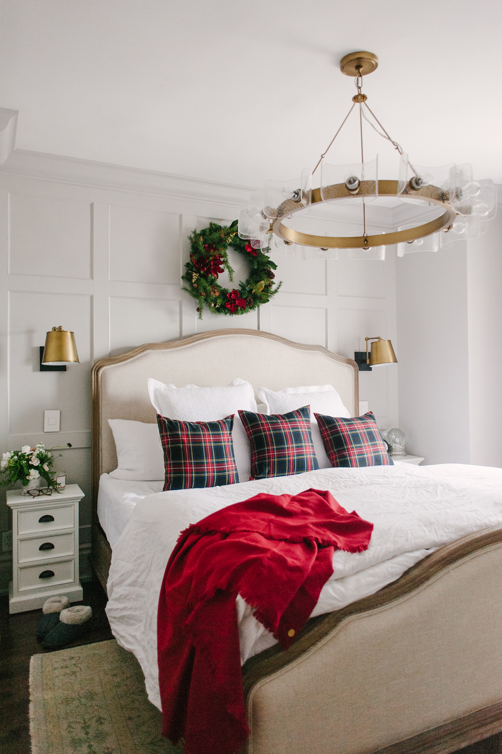 Bedroom with festive plaid pillows