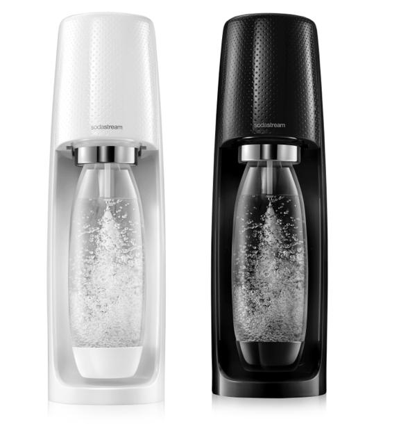 A black and white SodaStream Fizzi Sparkling Water Maker
