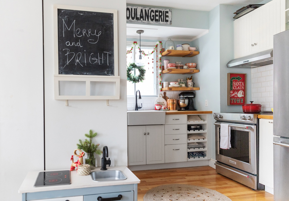 Small kitchen space with Christmas decor and other assorted knick-knacks