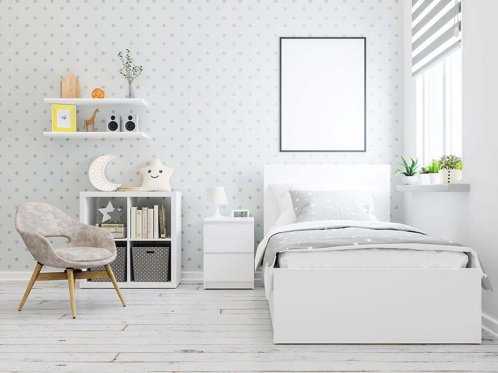 Muted kids' bedroom with pale dotted wallpaper