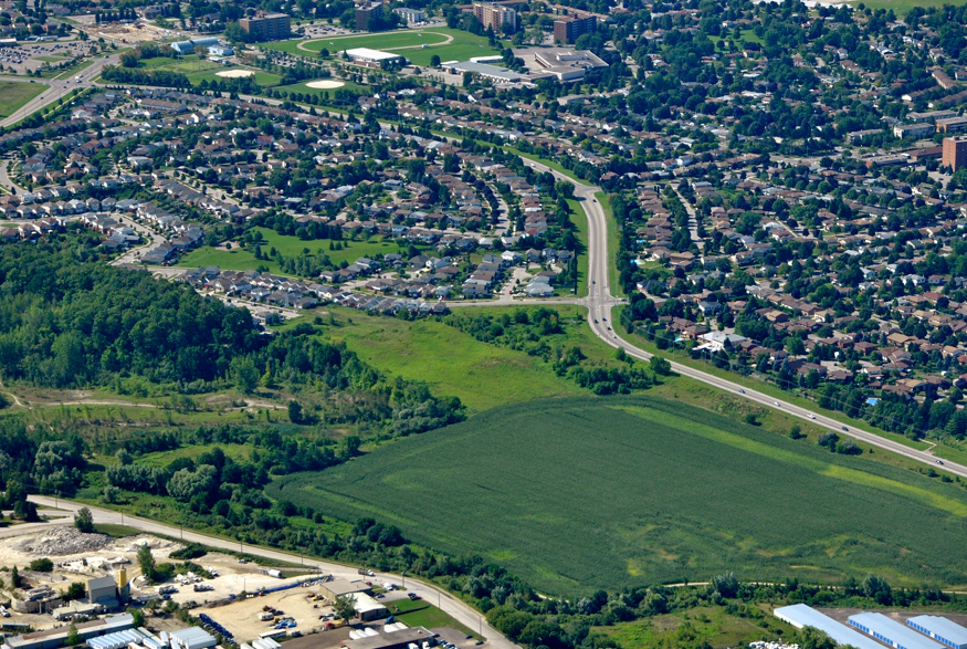 An aerial shot of Kitchener–Waterloo, Ontario