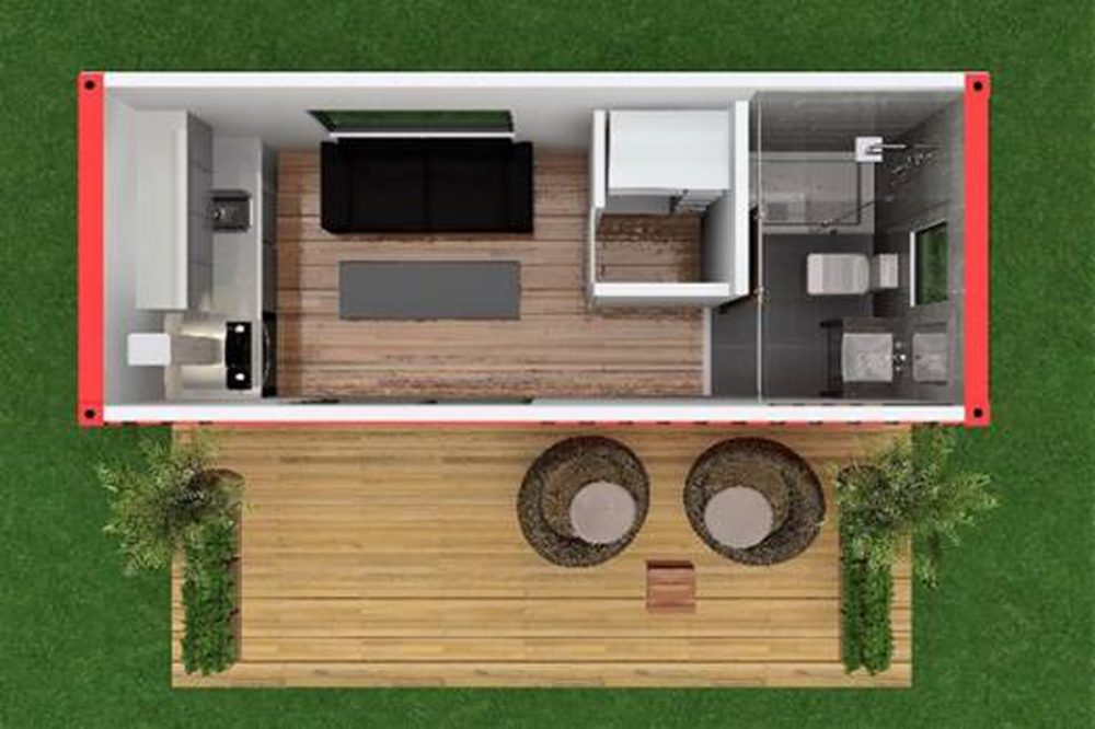 Illustrated above shot of the interior of the bright red storage container home