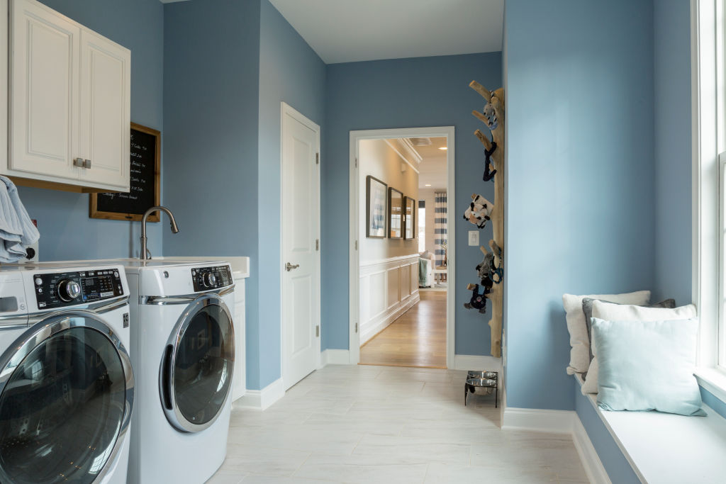 Wide shot of laundry room.