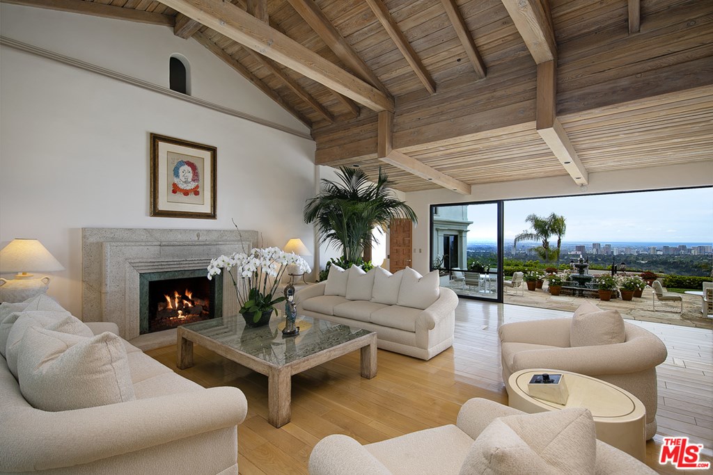 Living room with exposed wood beams