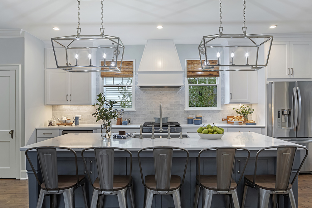 A modern kitchen with a statement-making island
