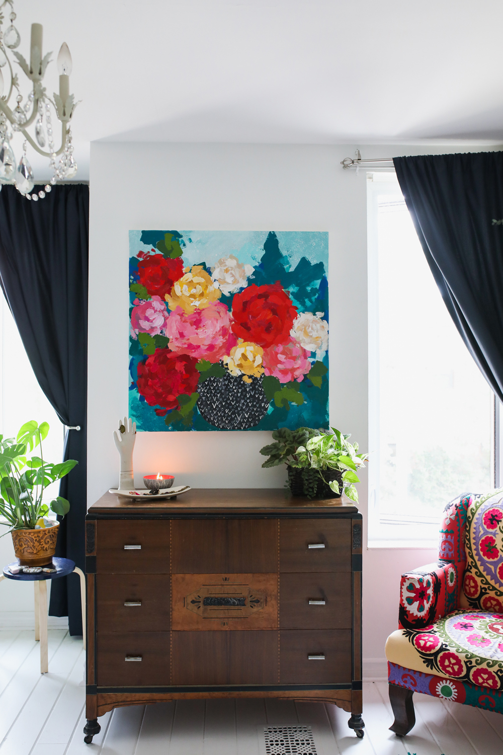 Flower painting and vintage chest of drawers