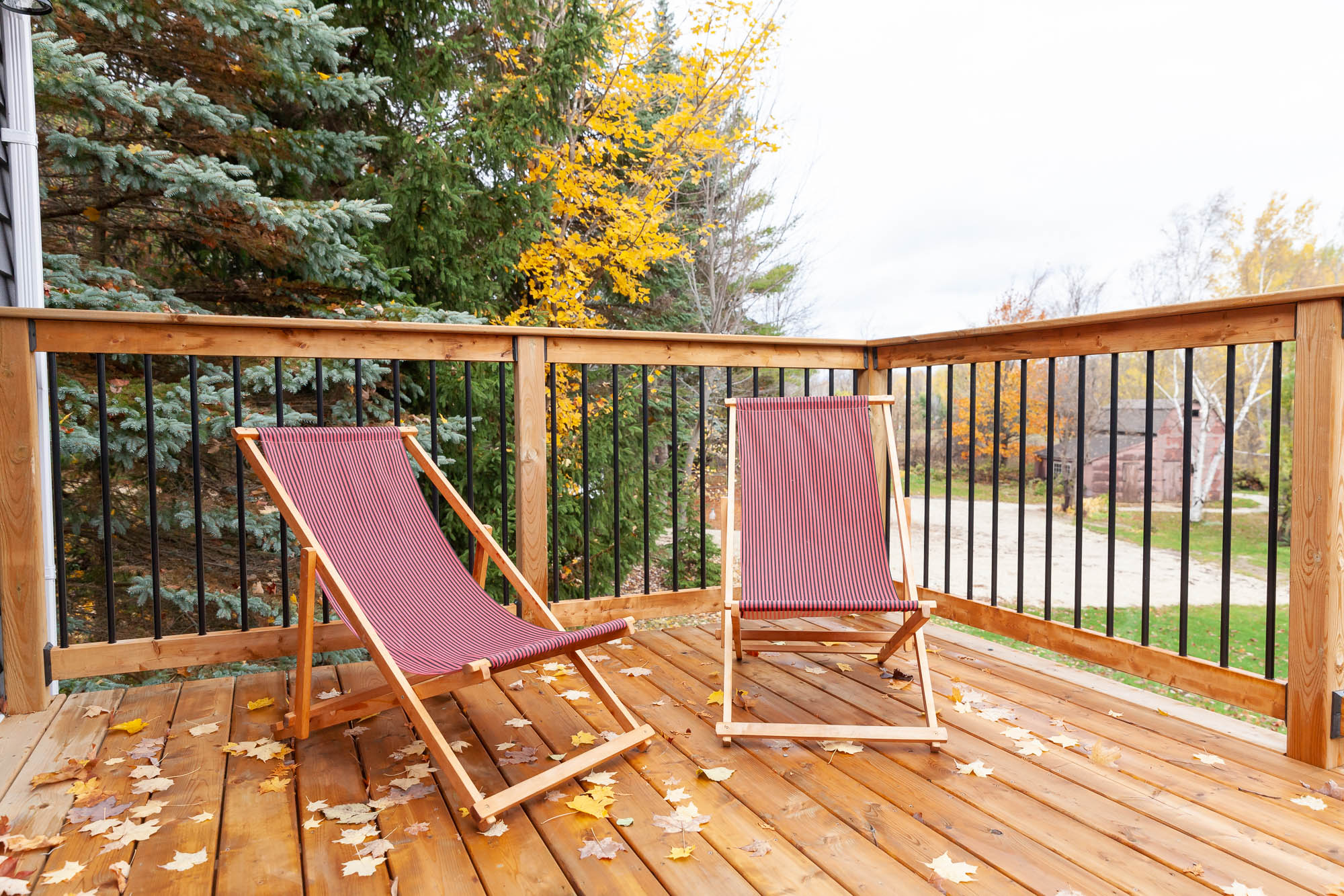 deck with vintage wood folding chairs in Collingwood, Ontario