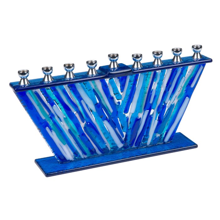 fused blue and white glass menorah