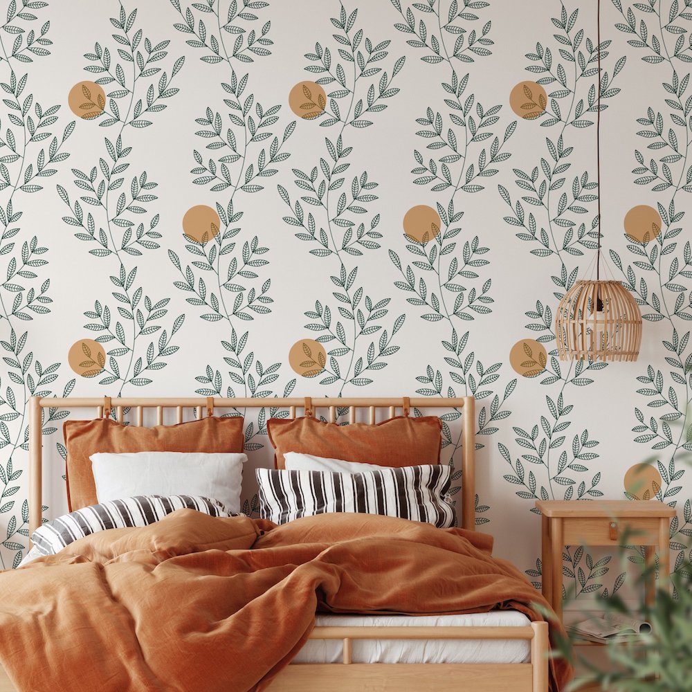 Eucalyptus wallpaper in boho-styled bedroom