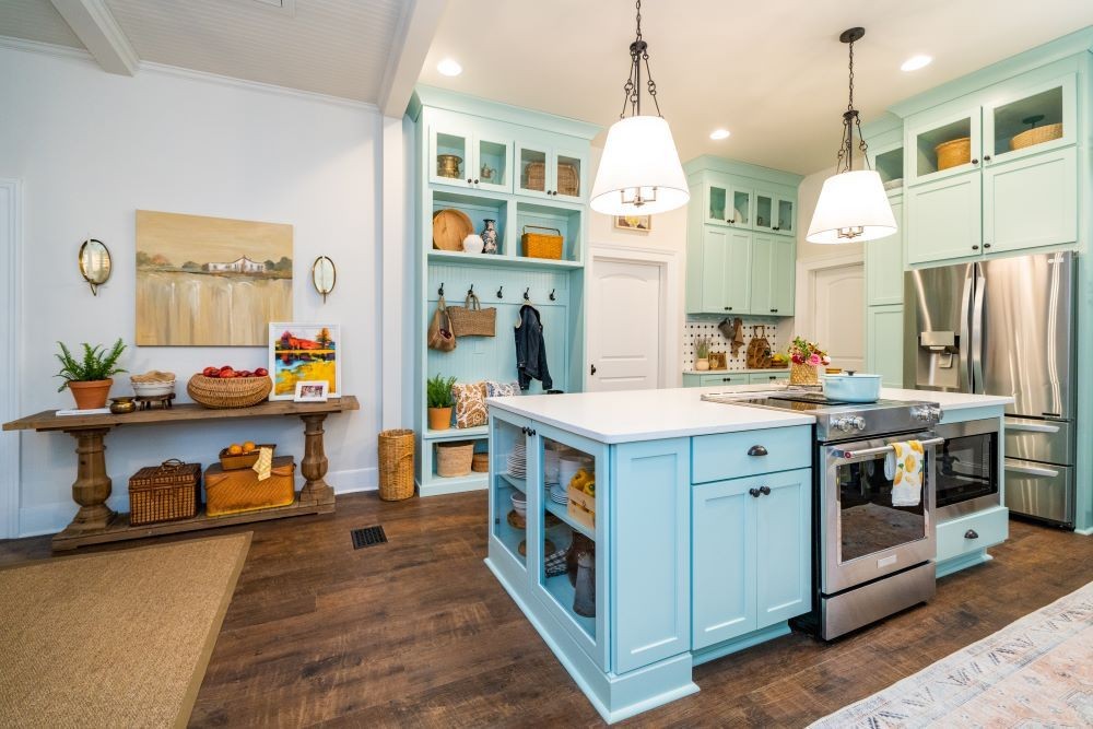 light blue kitchen with mud room