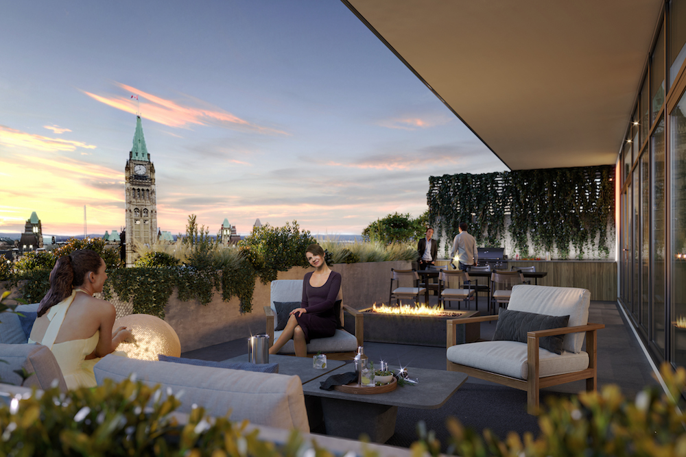 rendering of outdoor patio with view of Parliament Hill