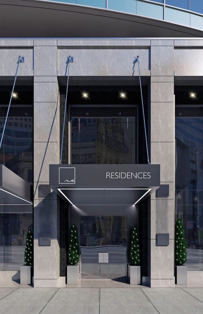 rendering of entrance to building with sign that says reResidences