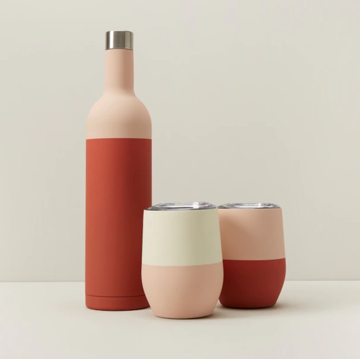 Pink insulated wine bottle and cups
