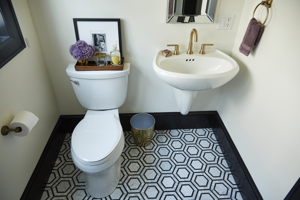 Hexagonal bathroom floor tiles.