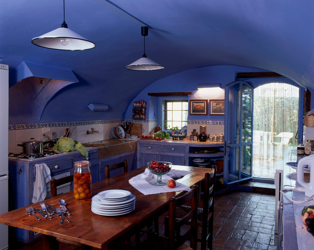 View of blue kitchen