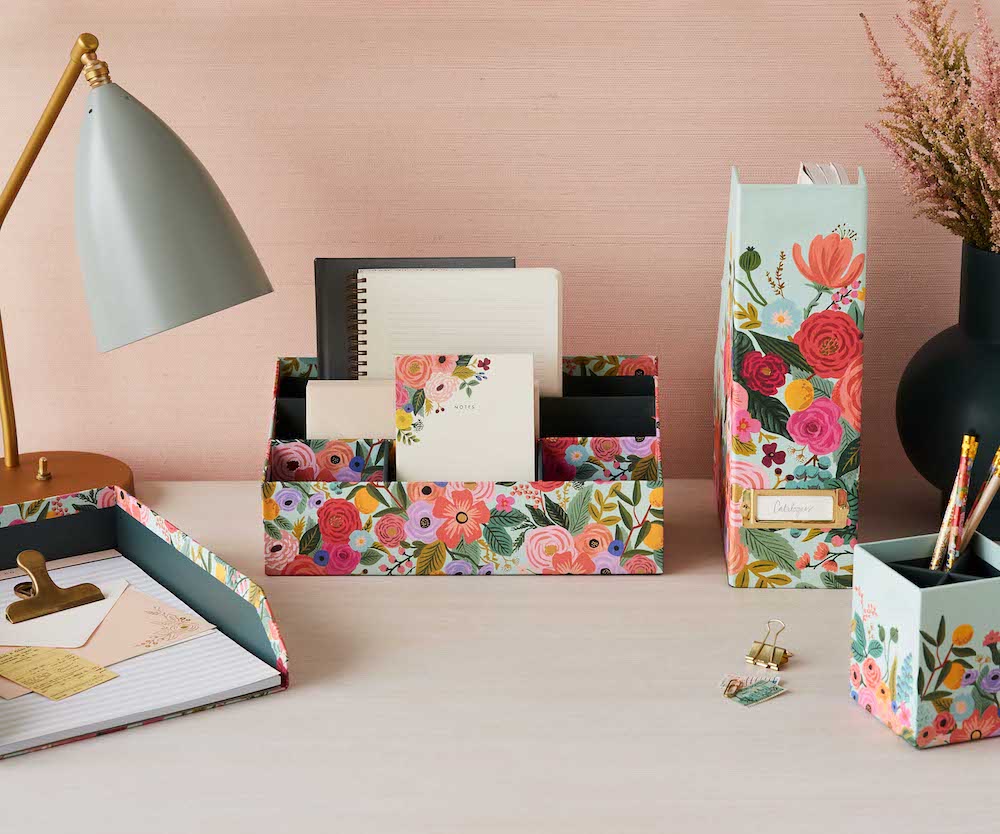 Floral paper-wrapped office essentials for the desk from Rifle Paper