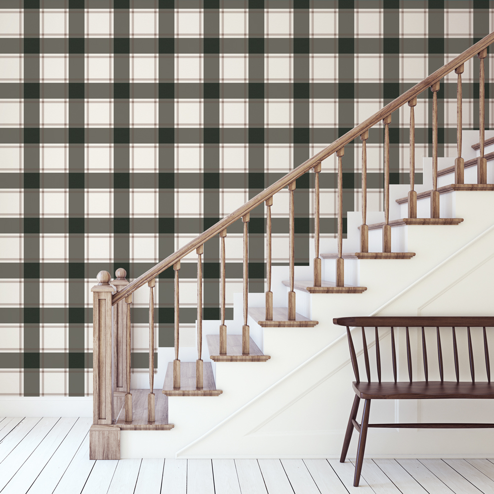 Plaid peel and stick wallpaper next to staircase