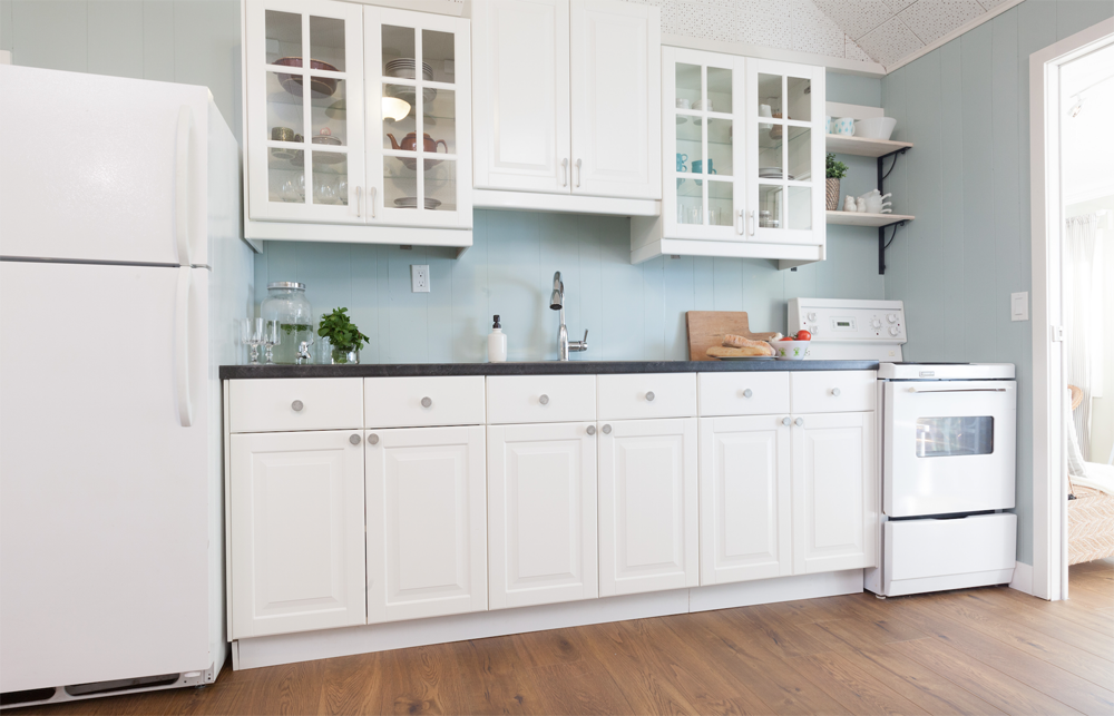 White kitchen with baby blue paint