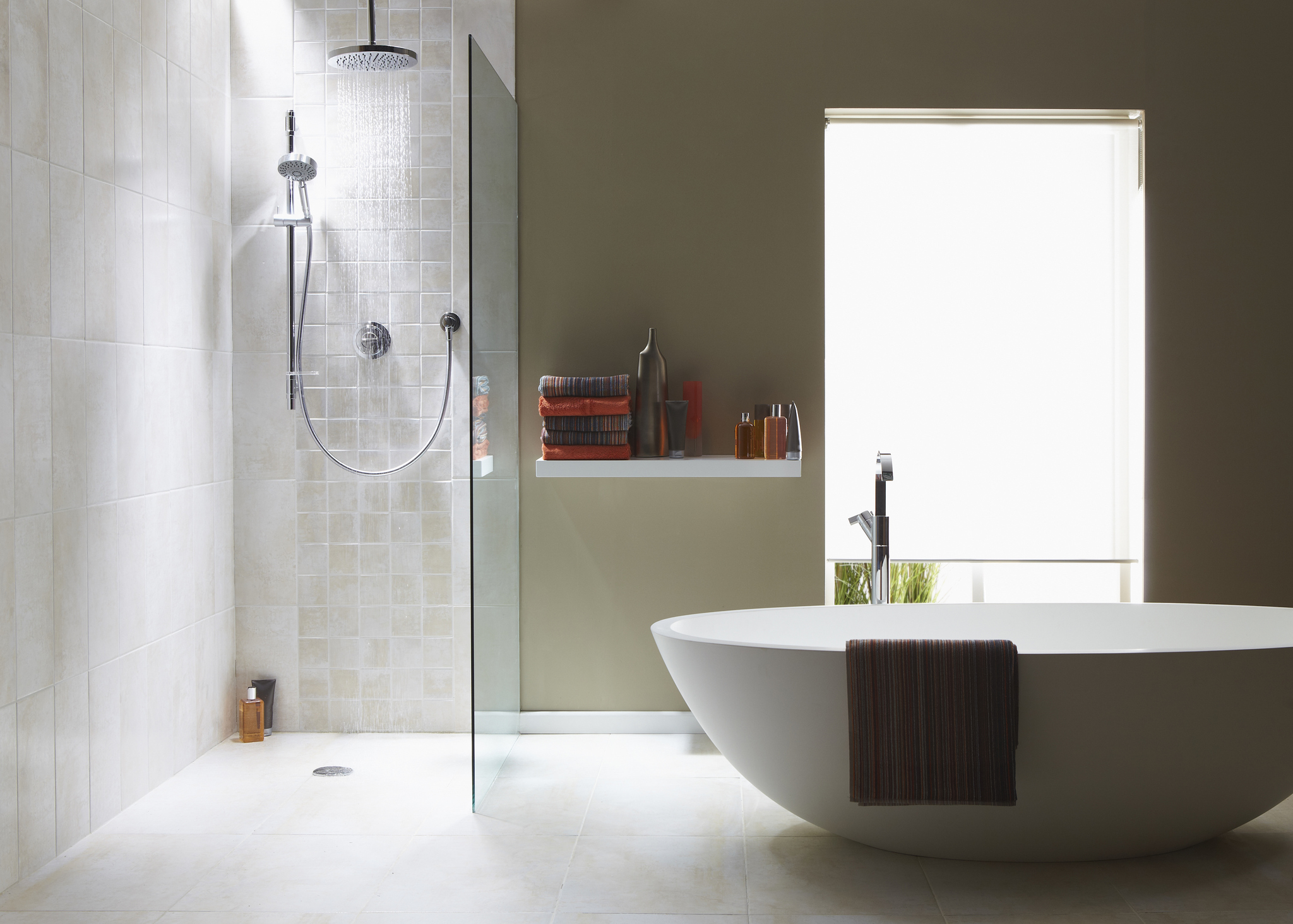 Curbless shower and modern standing bathtub