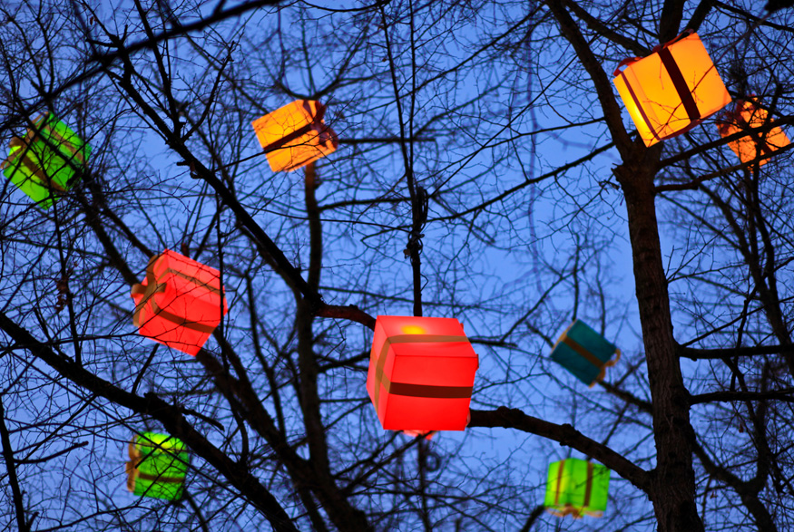 Presents hanging in a tree