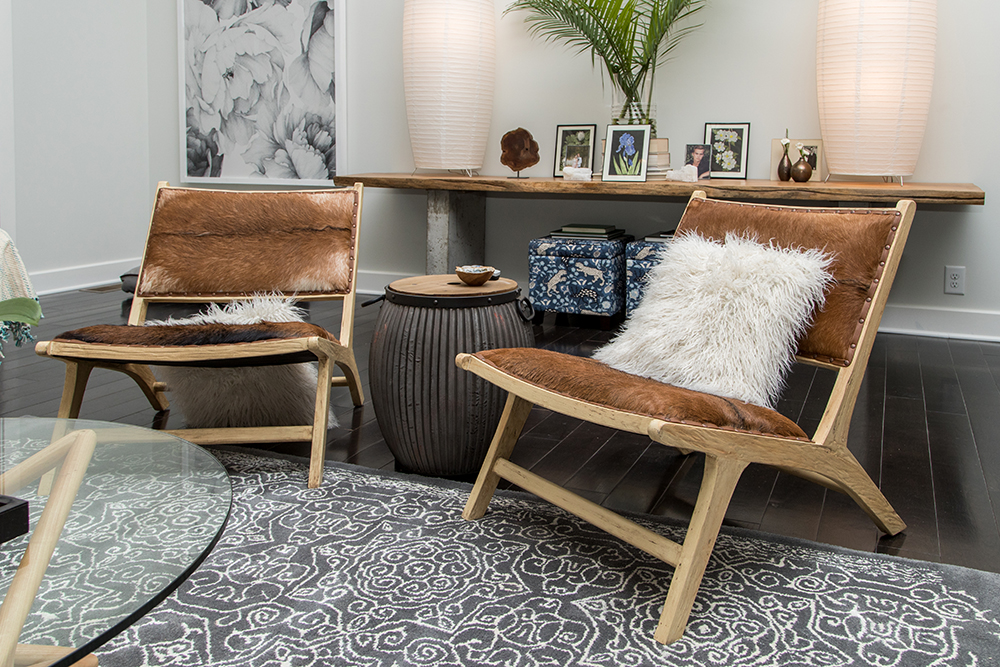 Cowhide lounge chairs in living room