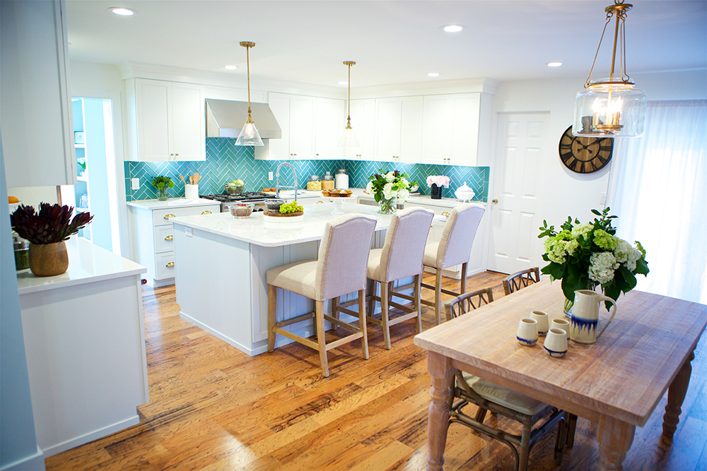 kitchen with turquoise tile backsplash