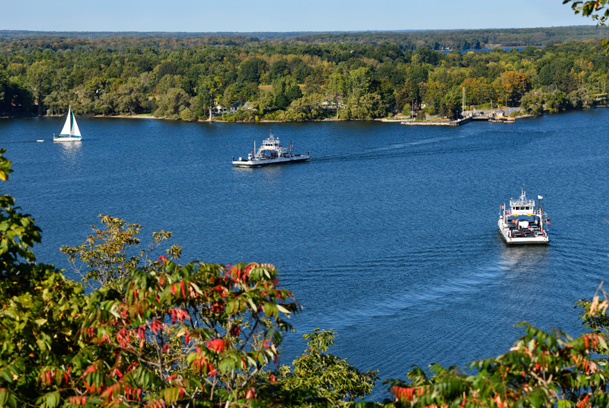 Water, with boats, surrounding Quinte, Ontario