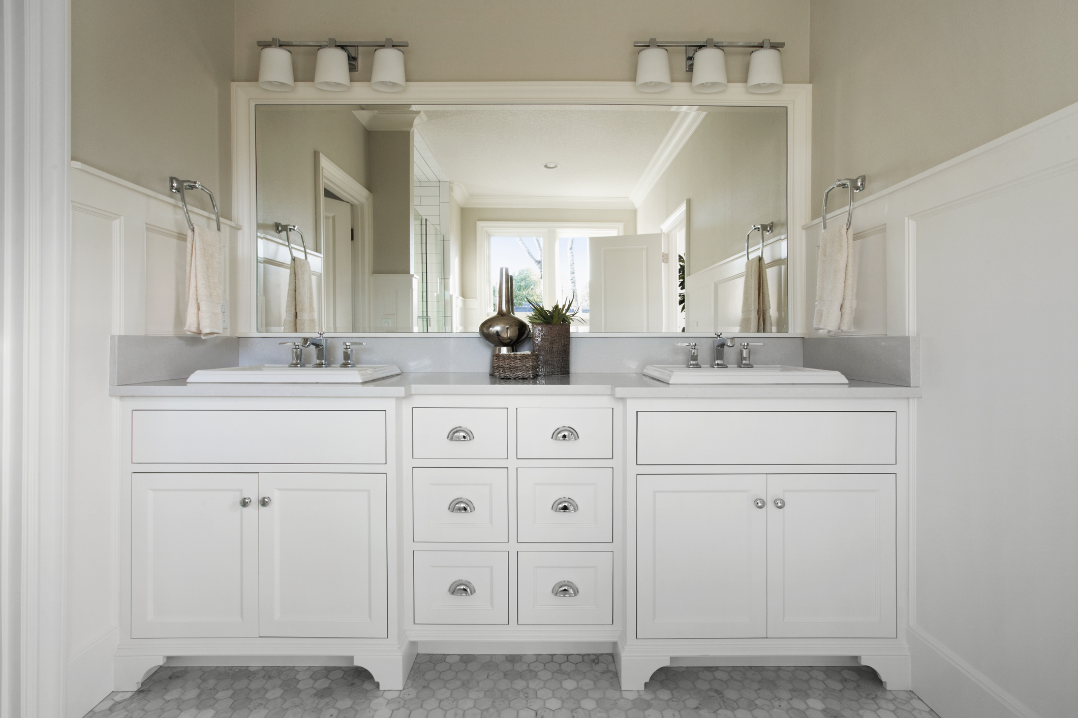 White modern bathroom with double vanity