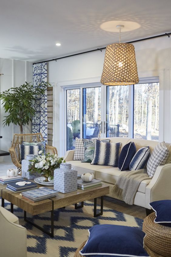 Living room with blue and white nautical decor