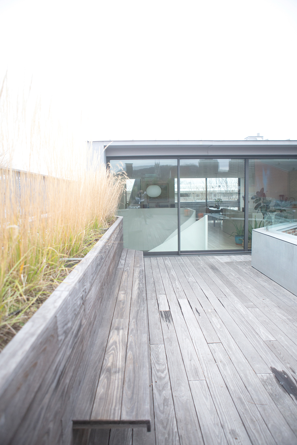 wood deck, glass doors, grasses along left side