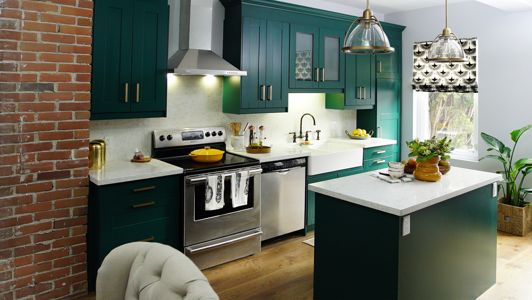 Budget-friendly kitchen makeover with bright cabinetry.