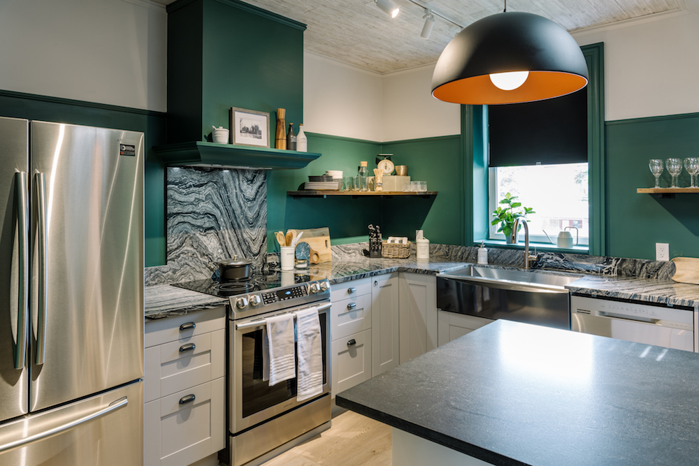 modern dark green and stainless steel kitchen