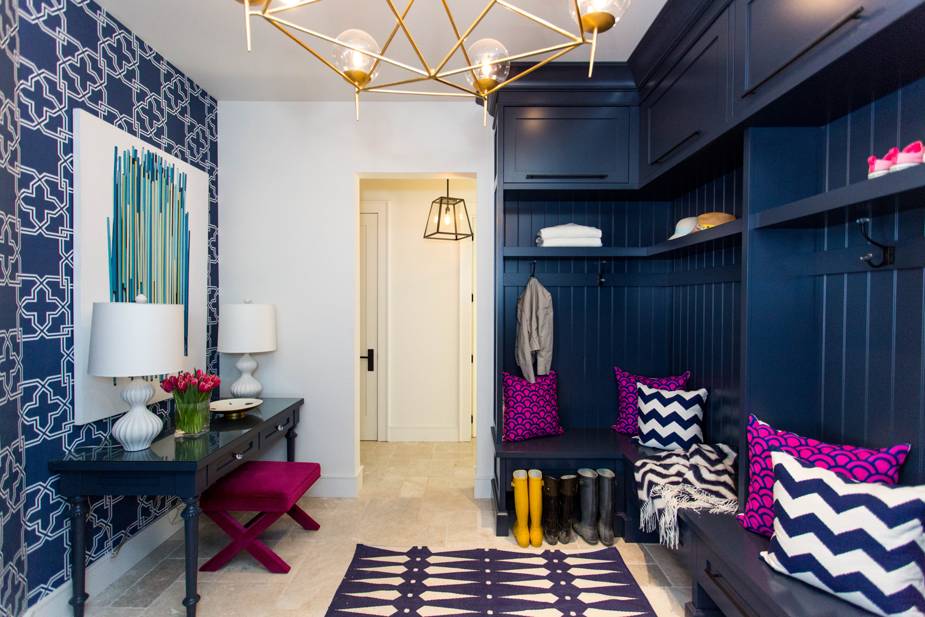 Baeumler family mudroom with navy blue cubbies