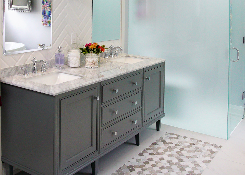 Modern finishes on grey bathroom vanity
