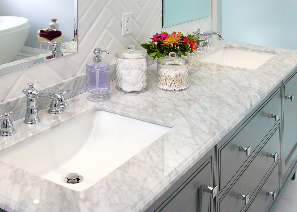 Double sink marble vanity in spa bathroom