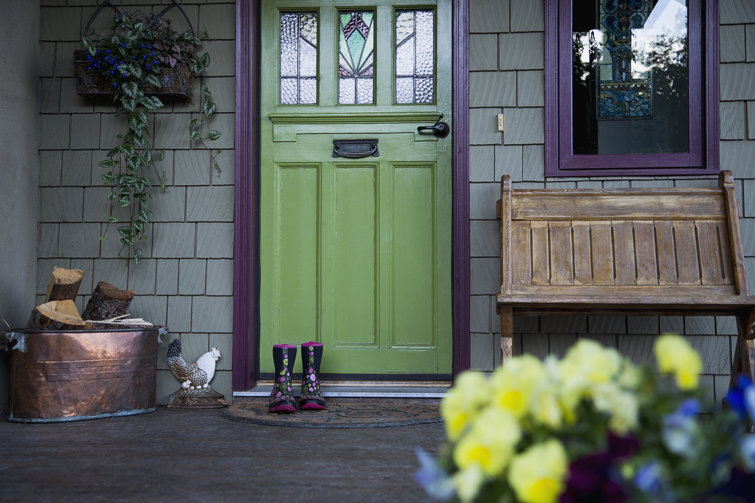House with a green door and purple trim