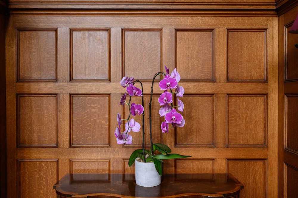 Wood panelled wall with vase of flowers