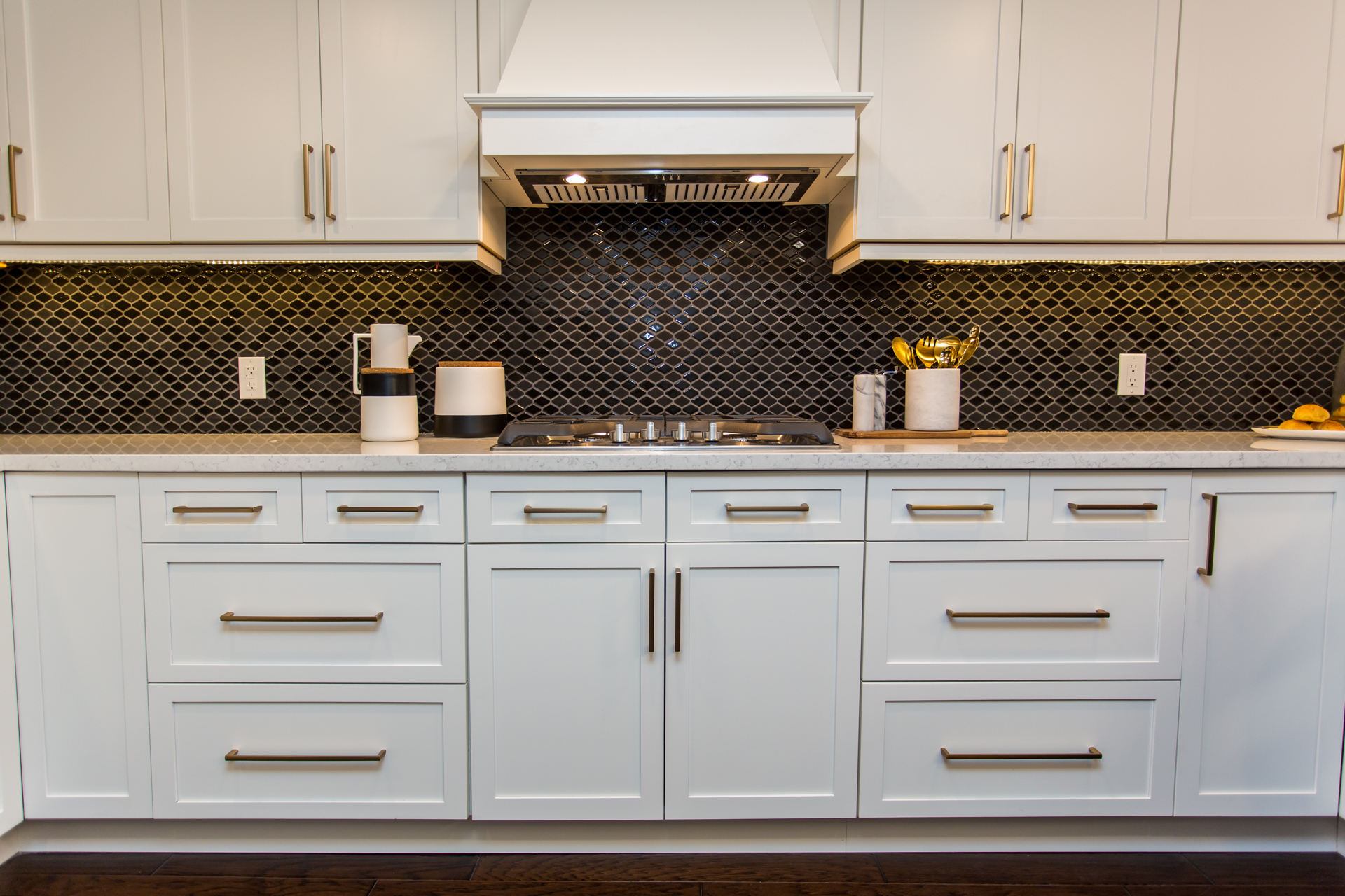 Basement kitchen with black diamond tile backsplash