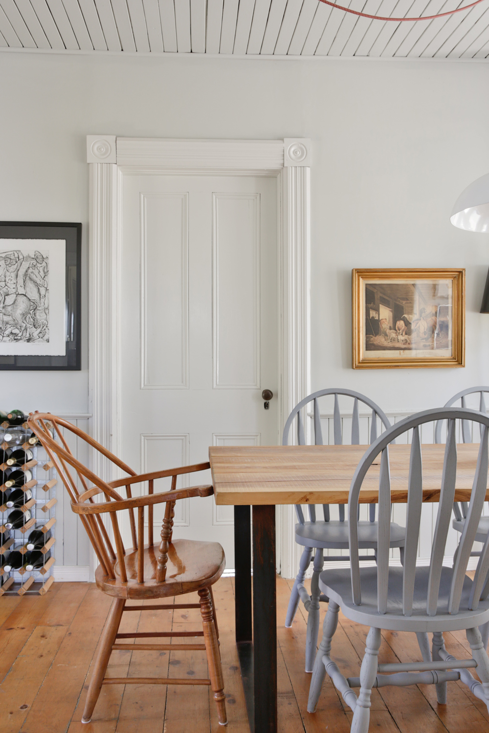 Dining chairs and table in farmhouse dining room