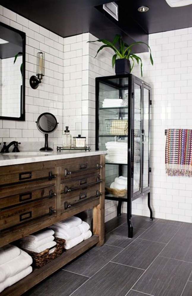 Bathroom with wood vanity and black ceiling