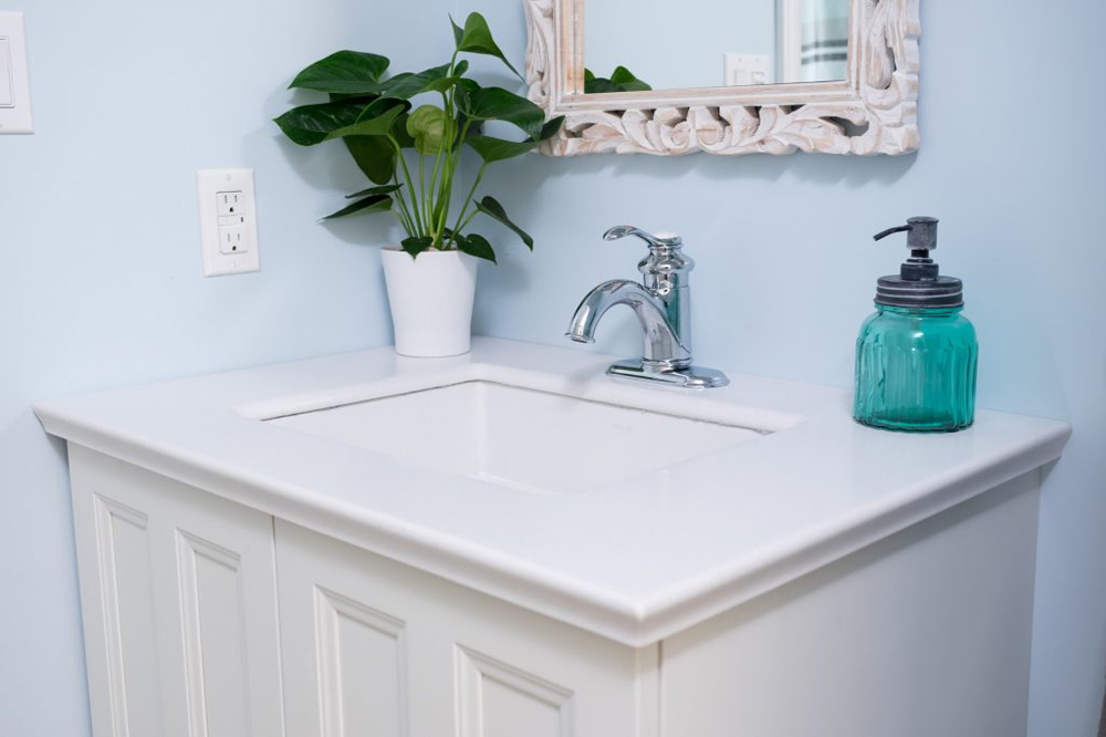 White bathroom sink with soap dispenser and plant