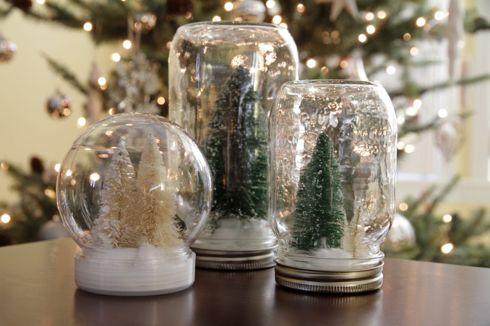DIY snow globes with mini christmas trees