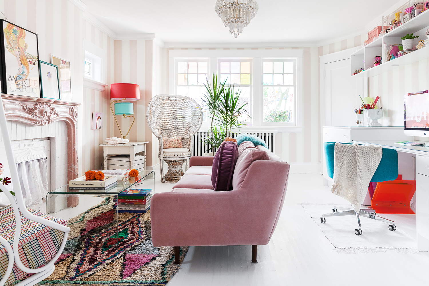 Living room with pink and white stripe walls