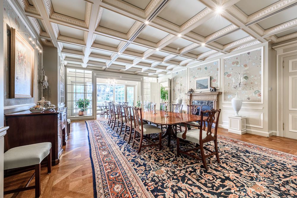 Large dining room with coffered ceiling