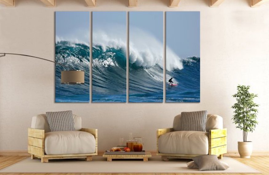 Large painting hanging on living room wall