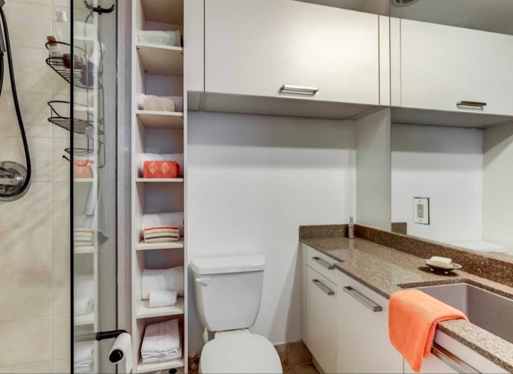 Bathroom with shelving and walk-in shower