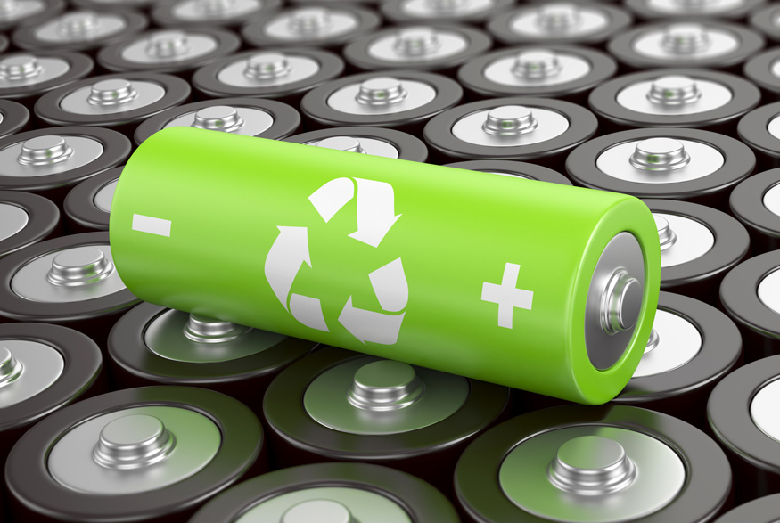 A close-up of a cluster of green and grey batteries