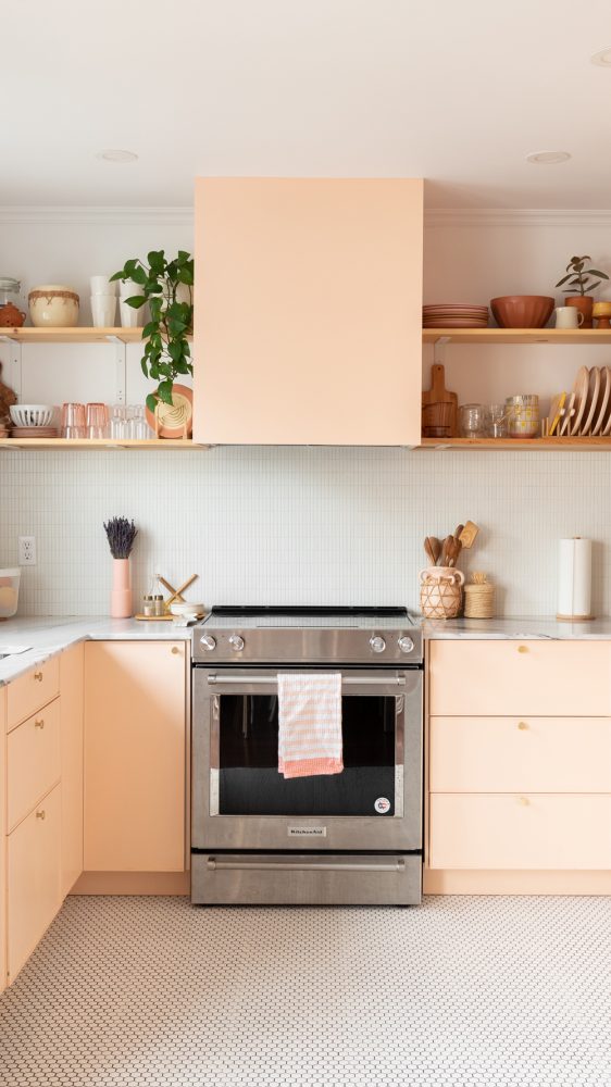 pink-and-white kitchen with open shelves
