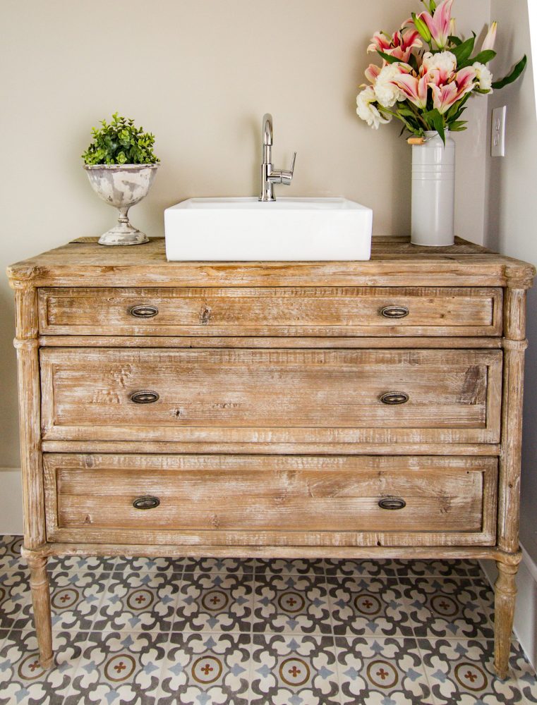 Bathroom vanity repurposed from antique dresser